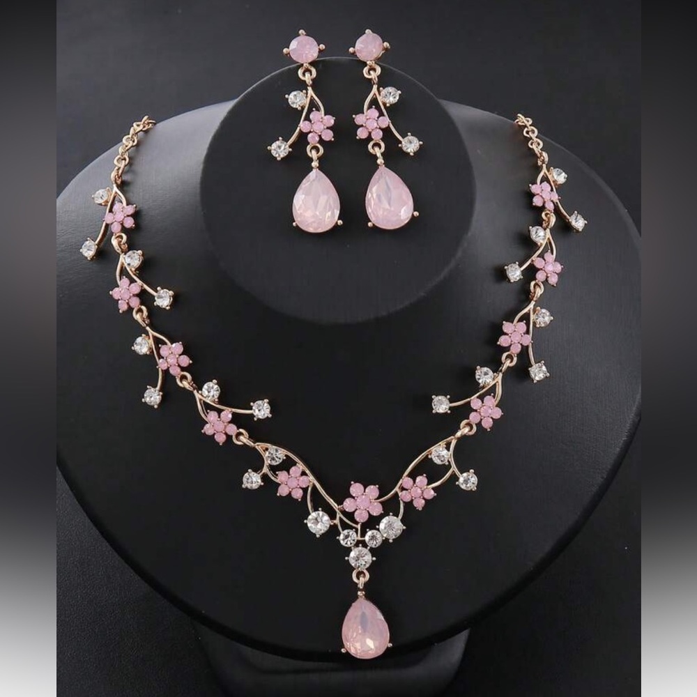 Pink Floral Necklace and Earring Set